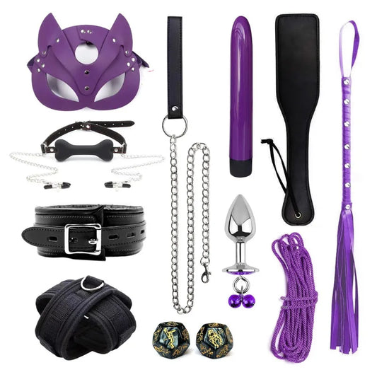 BDSM High Quality Genuine Leather Bondage Set Fetish Handcuffs Collar Gag Whip Erotic Sex Toys for Women Couples SM Products